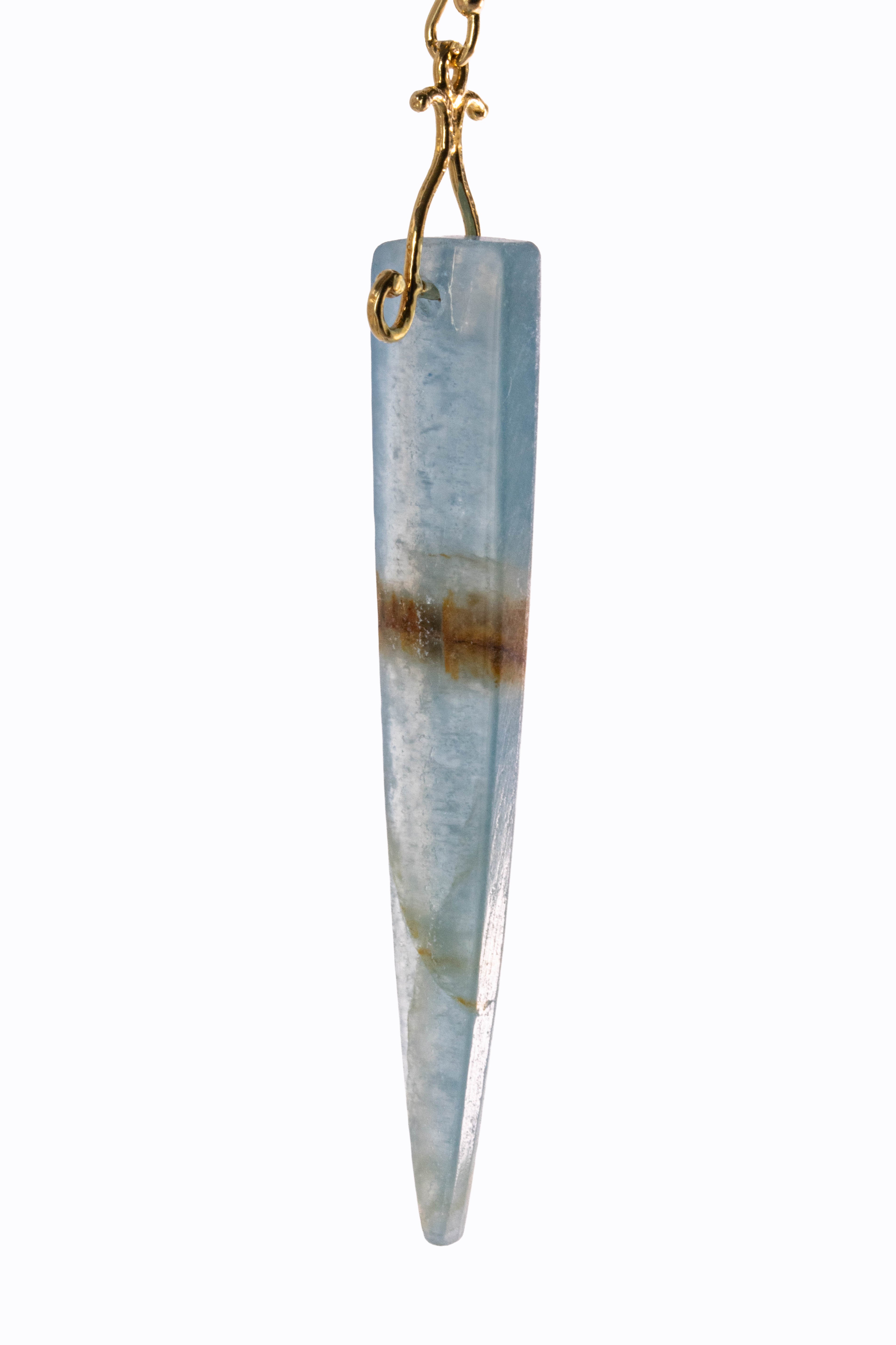 Lennox Lemurian quartz drop earring detail showing natural striations in 18k gold setting by Alexandra Essex
