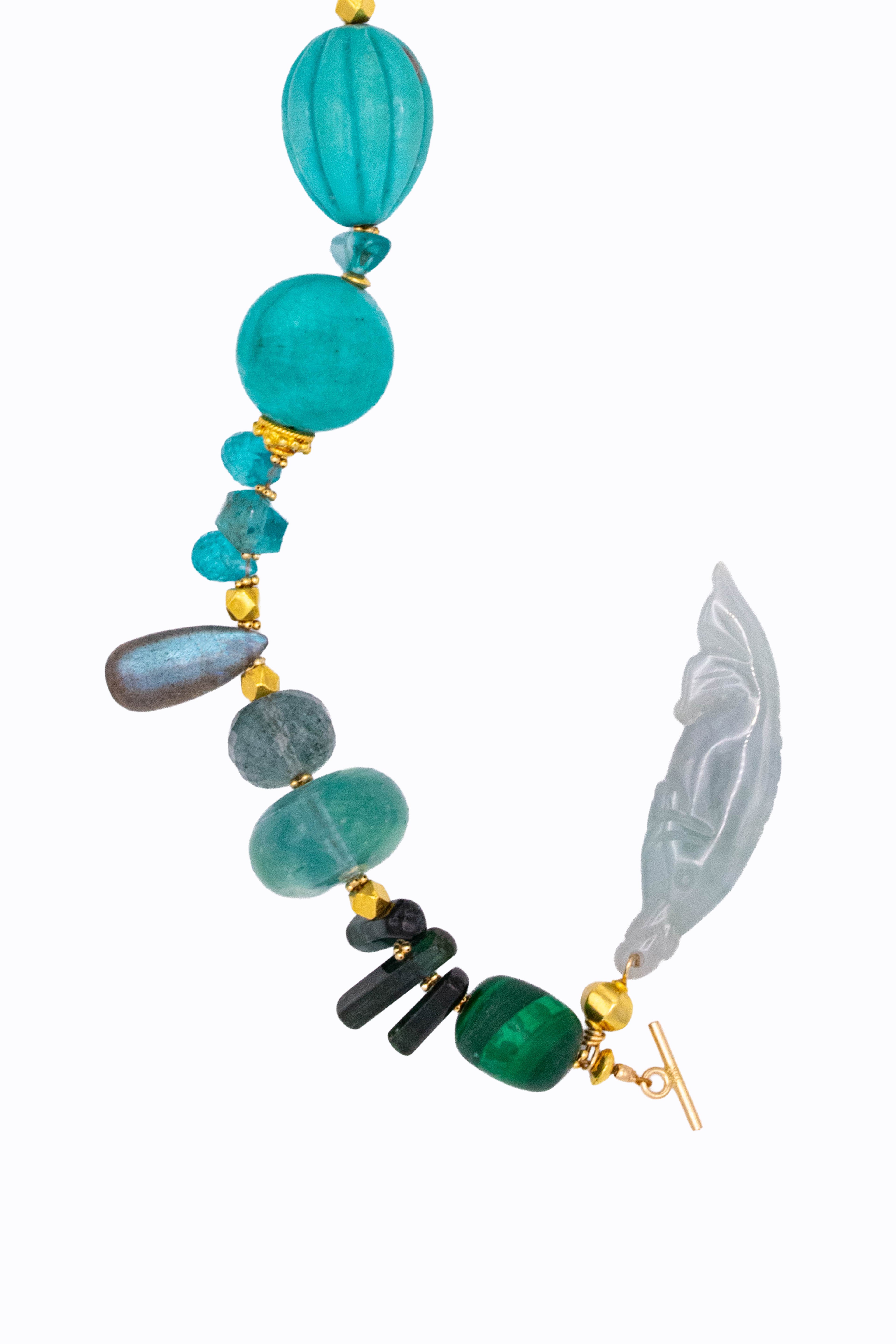 Bluey 14k bracelet styled view showing amazonite malachite and labradorite stones with 14k gold toggle clasp by Alexandra Essex