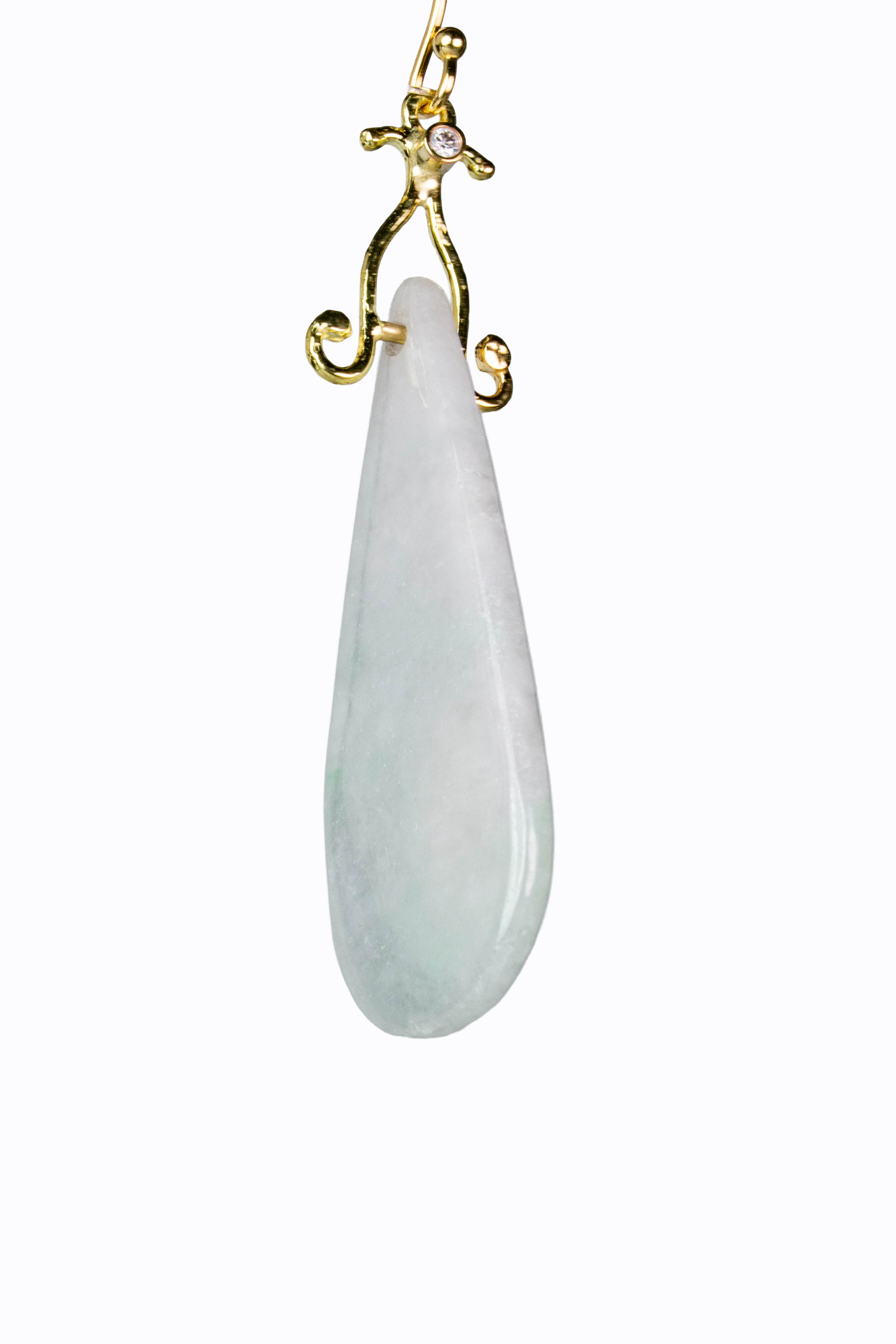 Ngapali Burmese jade teardrop detail showing translucent celadon stone in 18k gold setting by Alexandra Essex