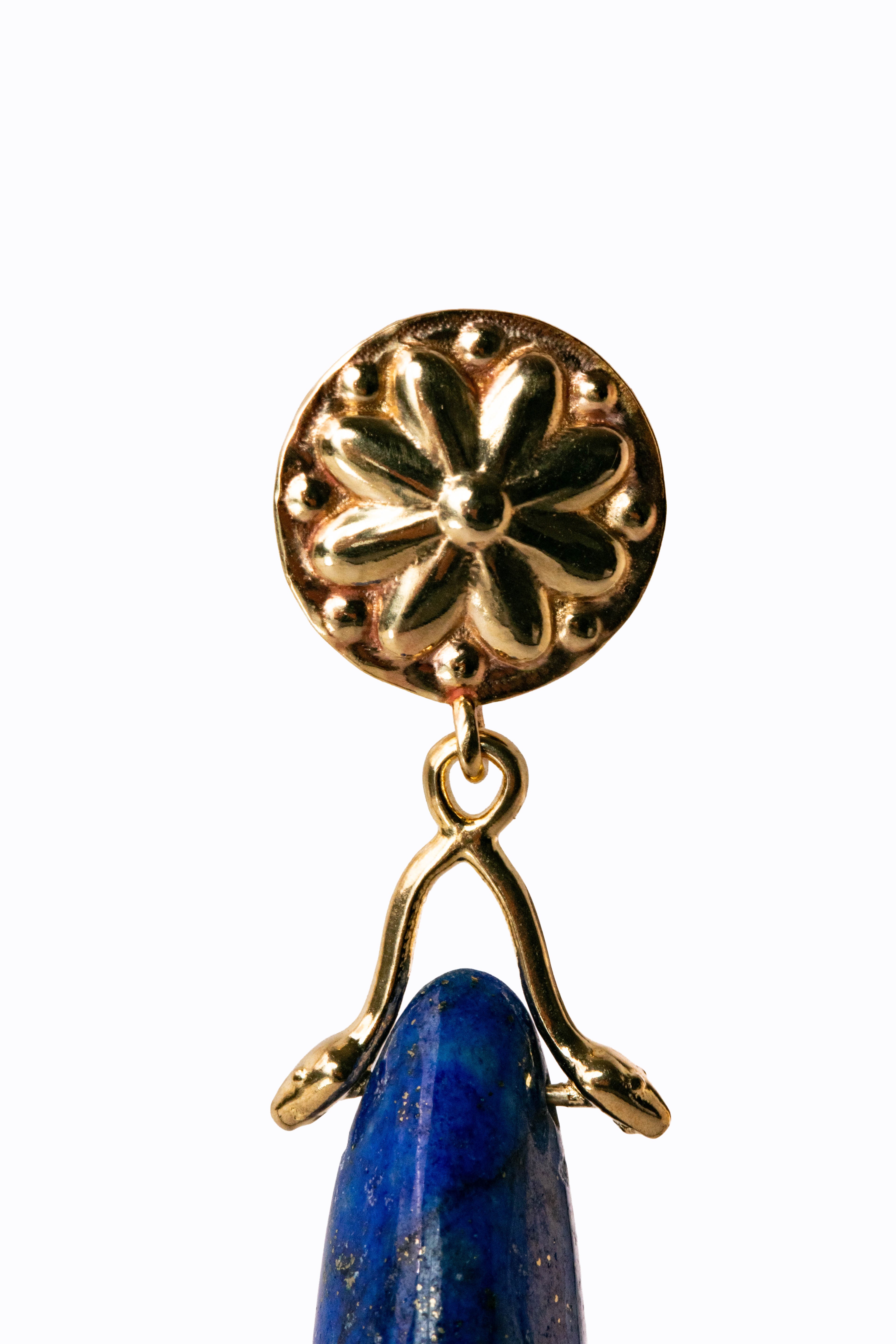 Close-up of Cornflower earring showing 14k gold Fleur stud top, Snakie pinch bail, and lapis lazuli briolette detail by Alexandra Essex