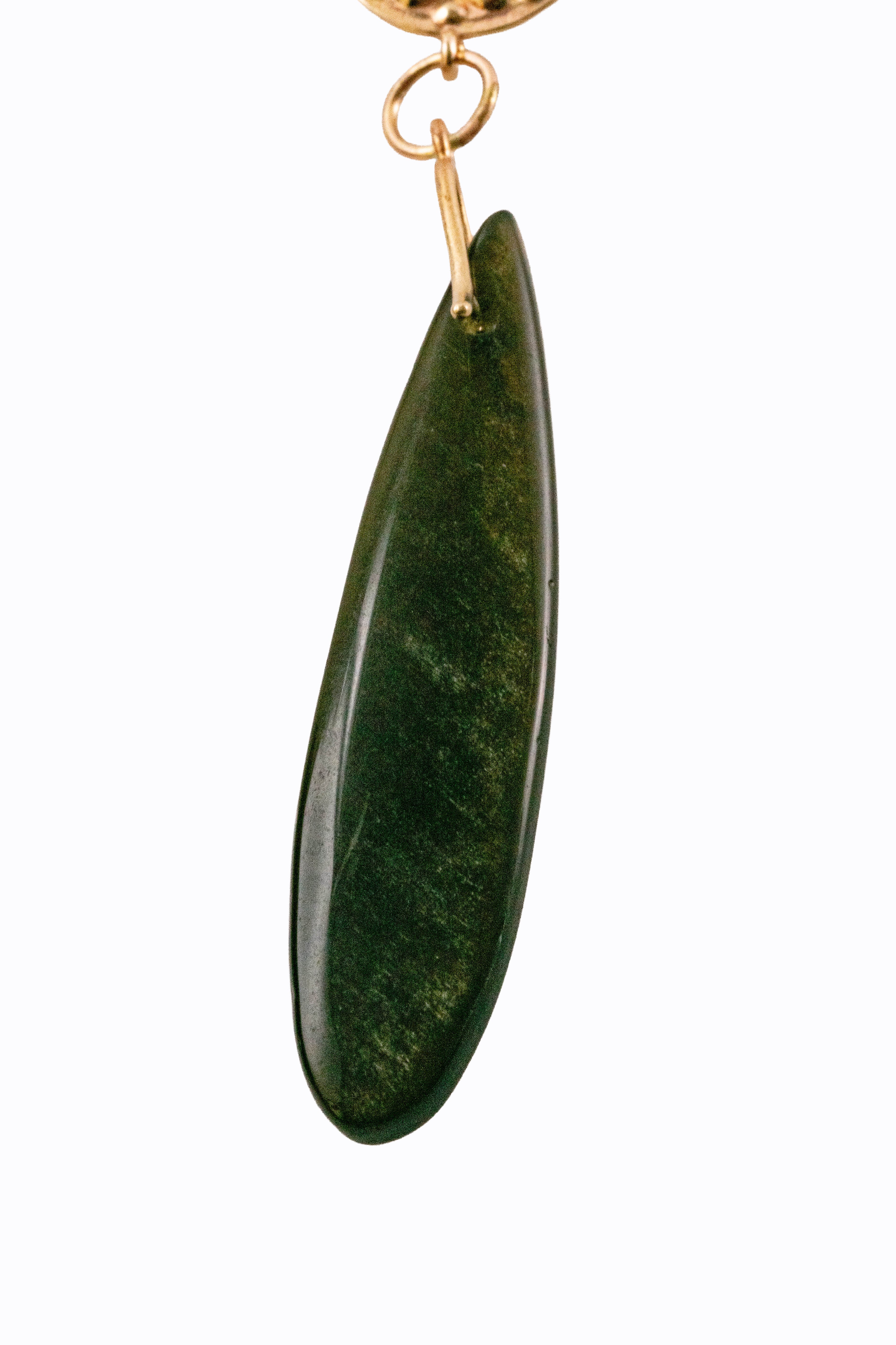 Close-up of Belongil golden obsidian smooth briolette showing iridescent gold sheen in dark olive-green volcanic glass on 14k gold link by Alexandra Essex