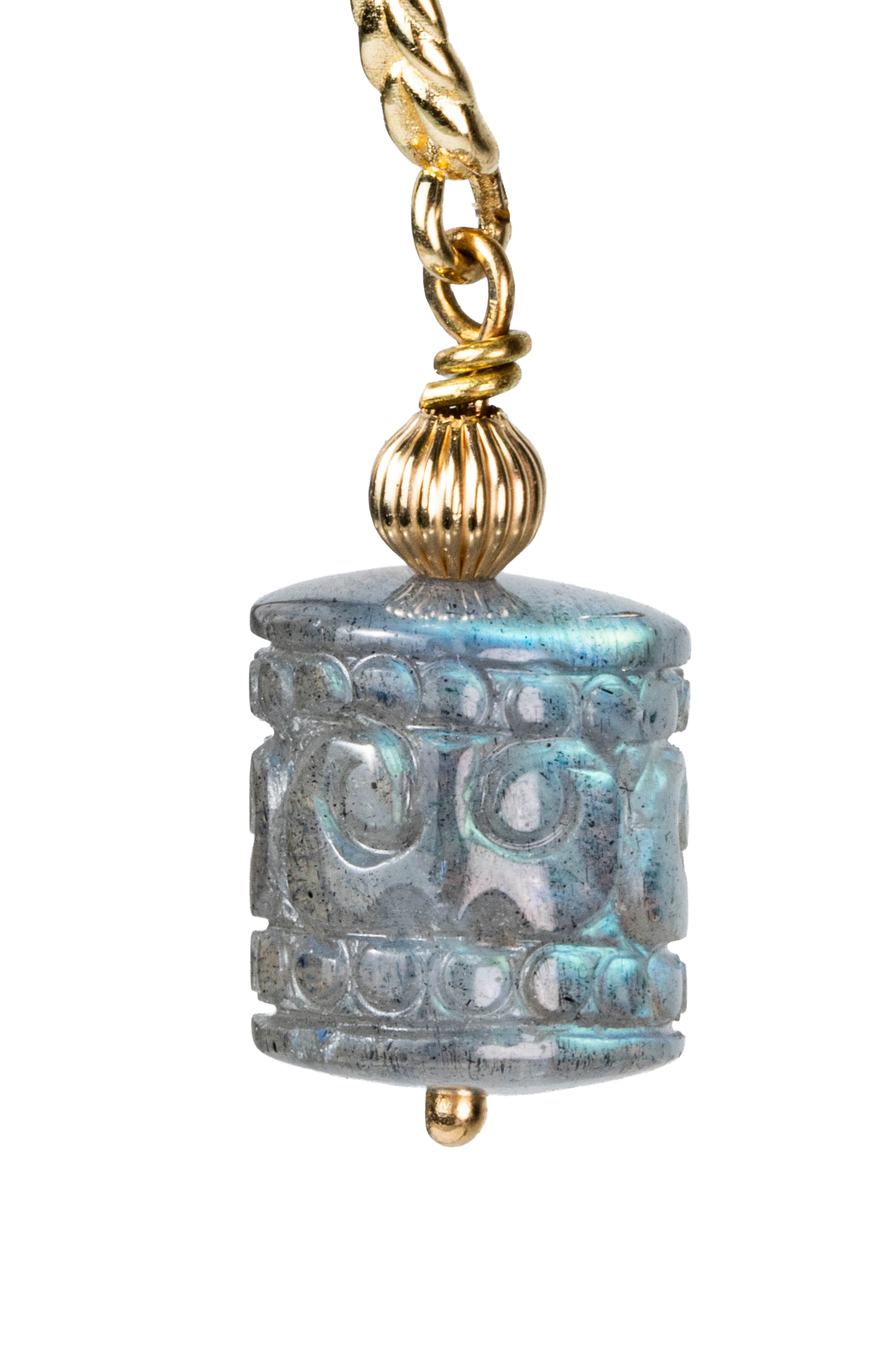 Sur la Mer carved labradorite rondelle detail showing blue-green flash and gold bead cap in 14k setting by Alexandra Essex