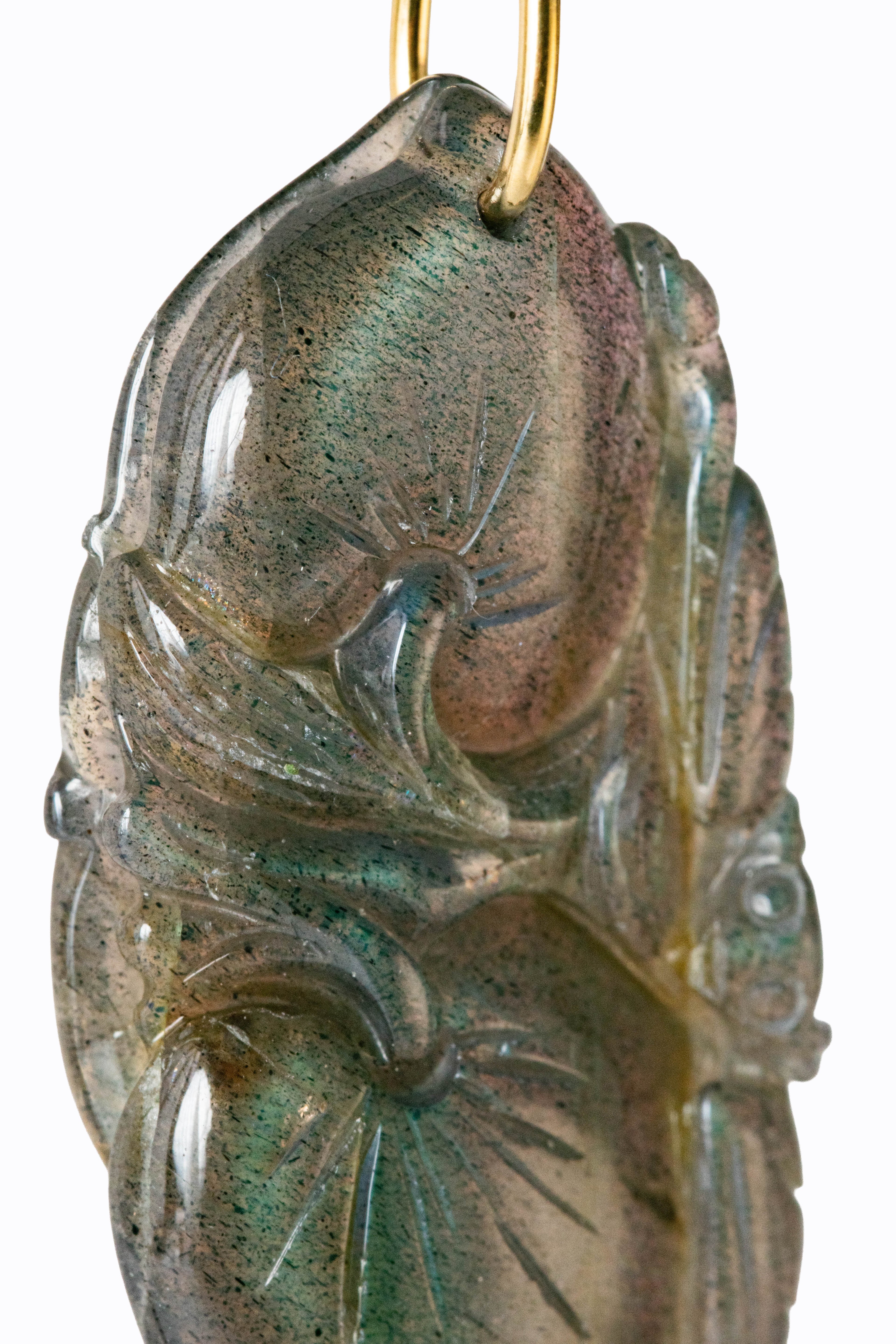 Fiori labradorite 18k gold carved pendant — close-up — Alexandra Essex Exquisite Jewels