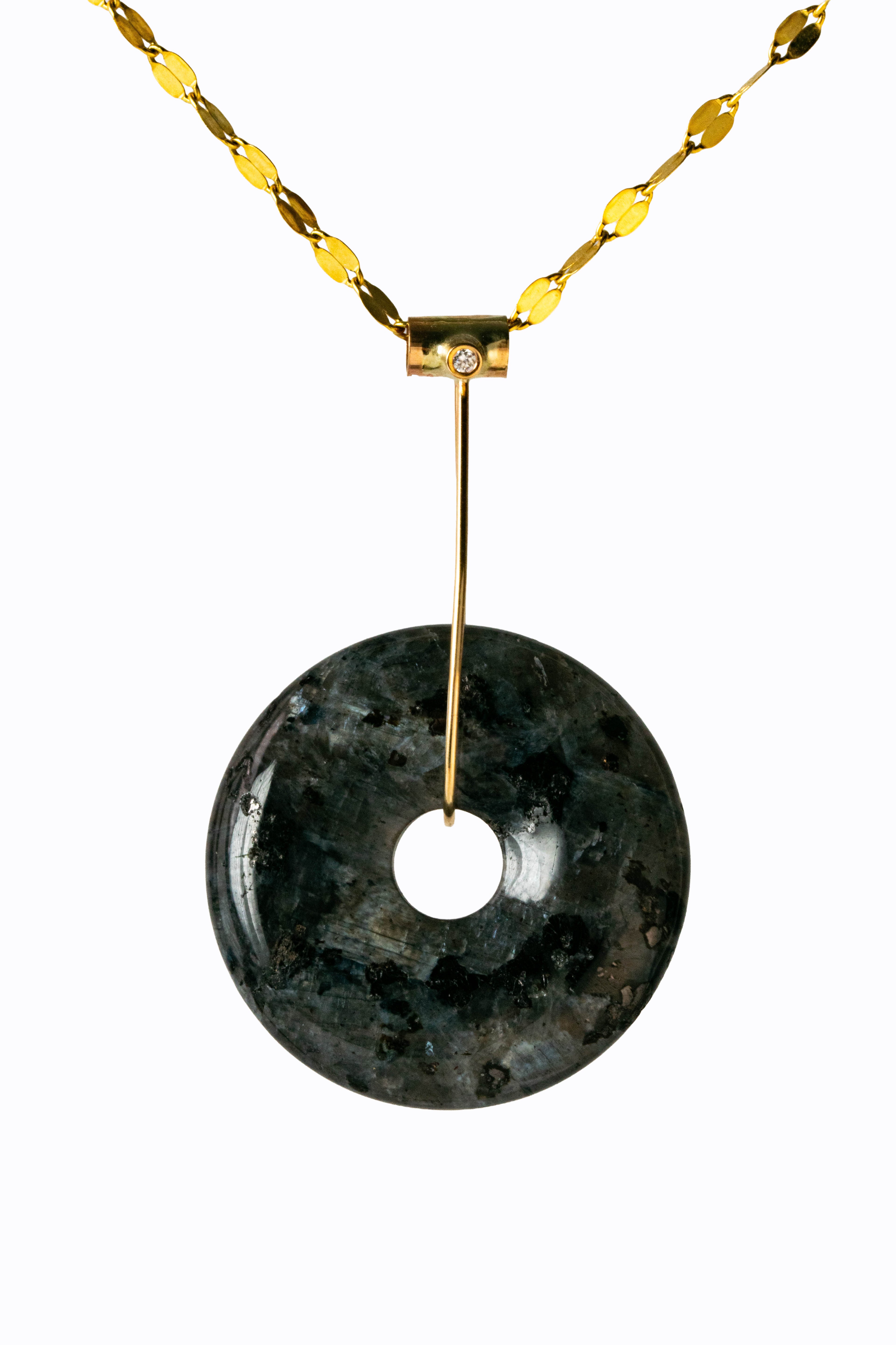 Larvikite 14k gold disc pendant with Norwegian feldspar stone and diamond accent on Venetian chain by Alexandra Essex