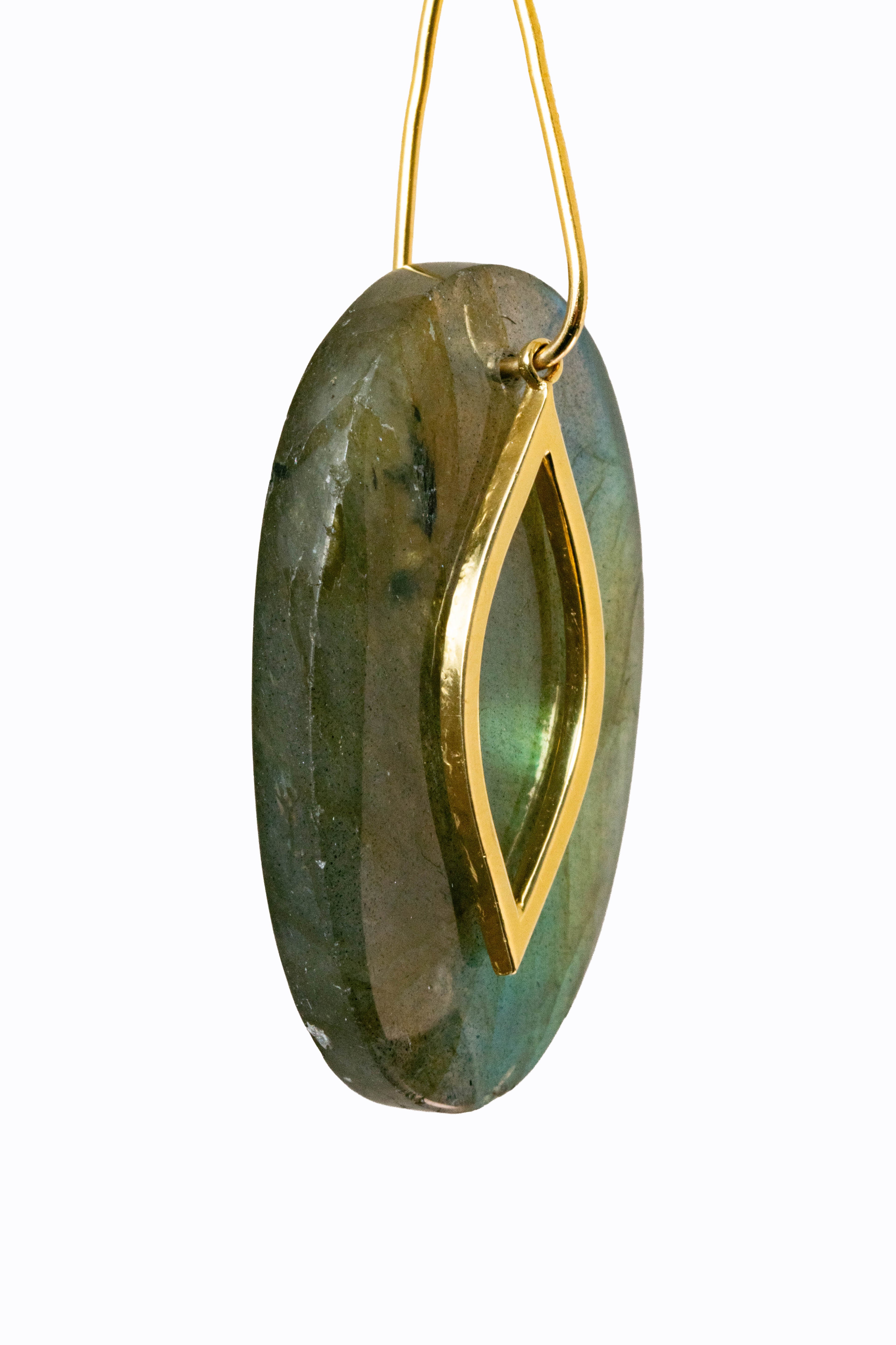 Noosa earring labradorite pendant drop with marquise gold frame detail by Alexandra Essex