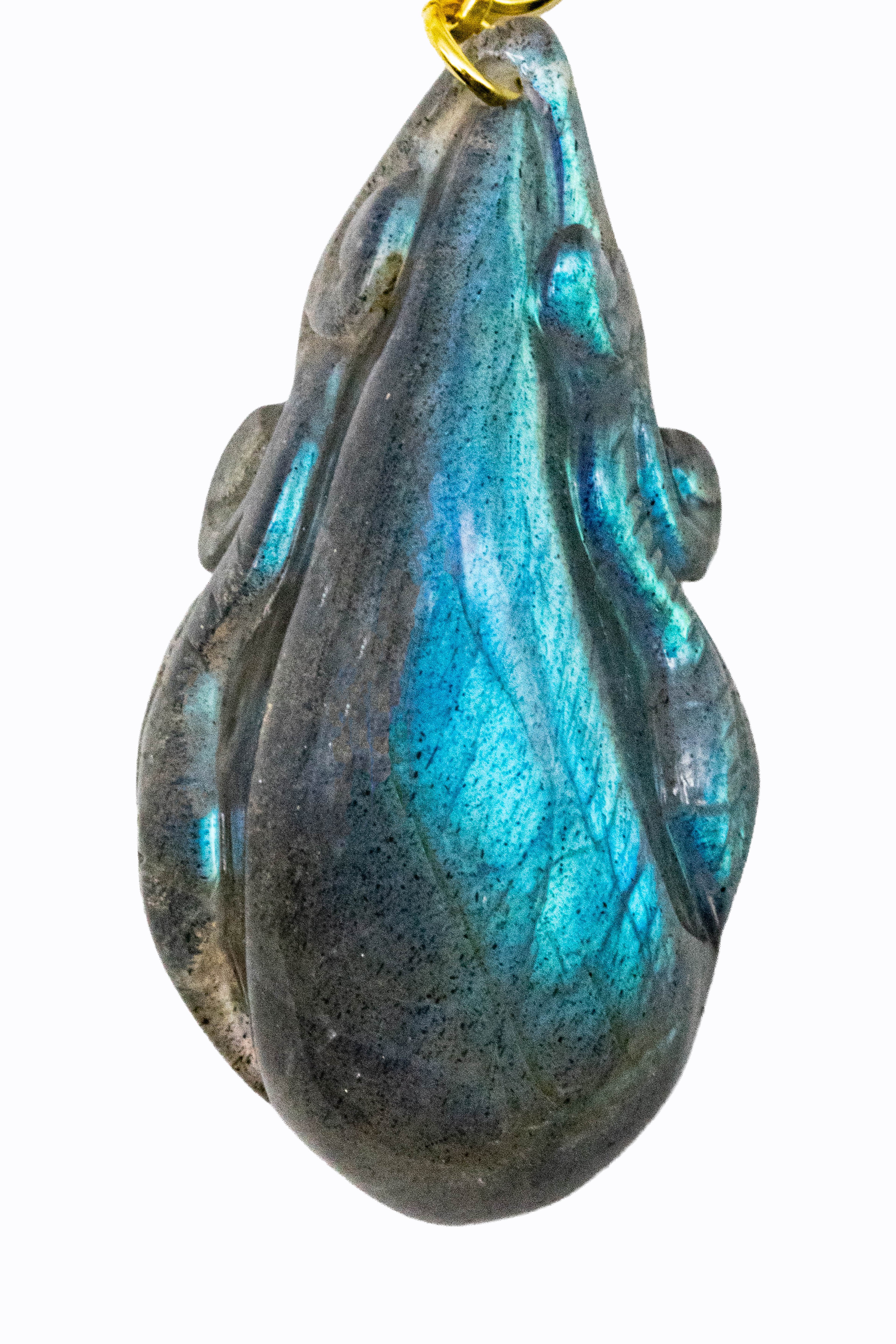Nyx labradorite 18k gold carved pendant — detail — Alexandra Essex Exquisite Jewels