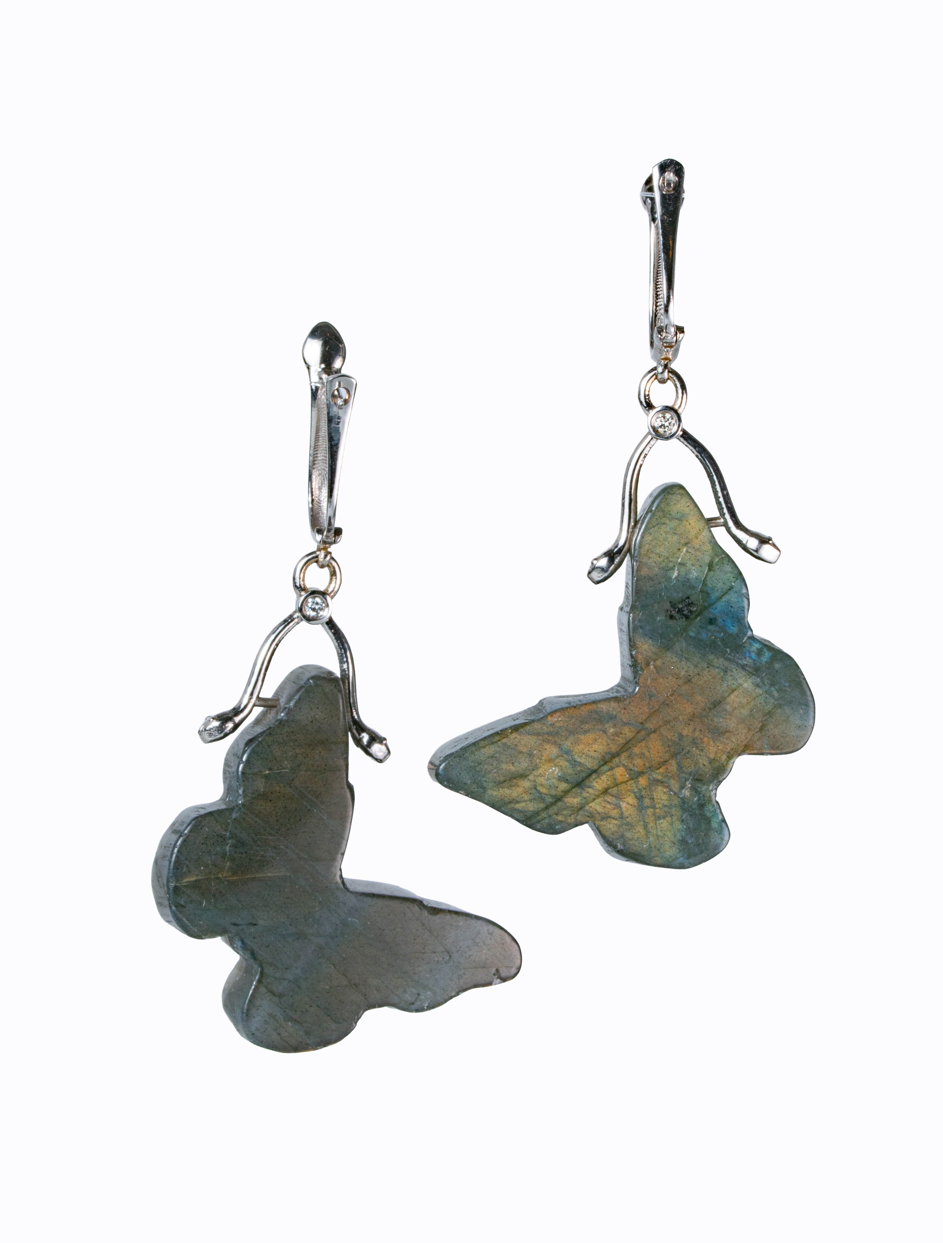 Papillon carved labradorite butterfly earrings reverse angle showing silvery-grey stone with blue-green flash and 14k white gold by Alexandra Essex