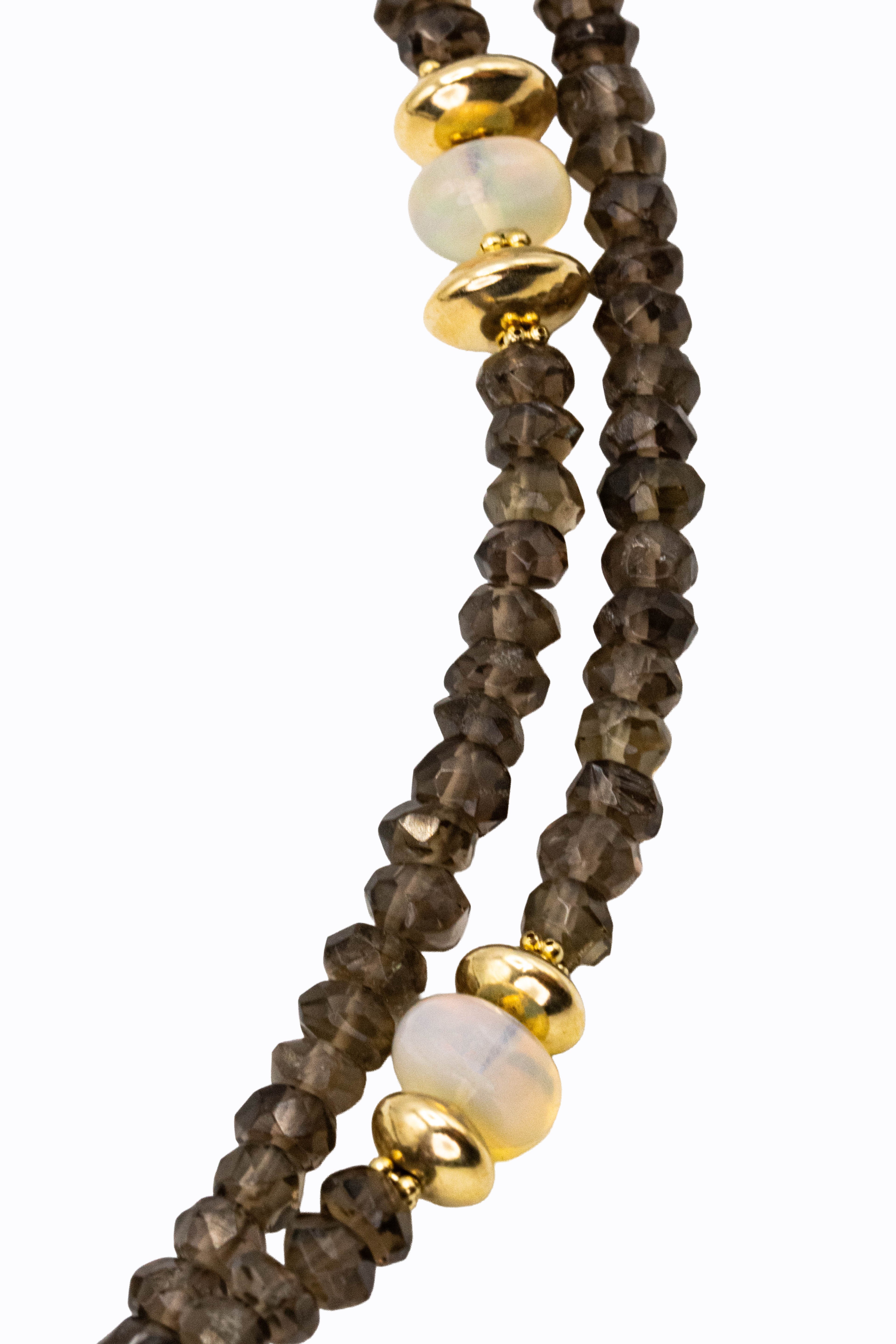 Close-up of Sahara necklace Ethiopian opal beads with 14k gold ball accents and faceted smoky quartz rondelles by Alexandra Essex