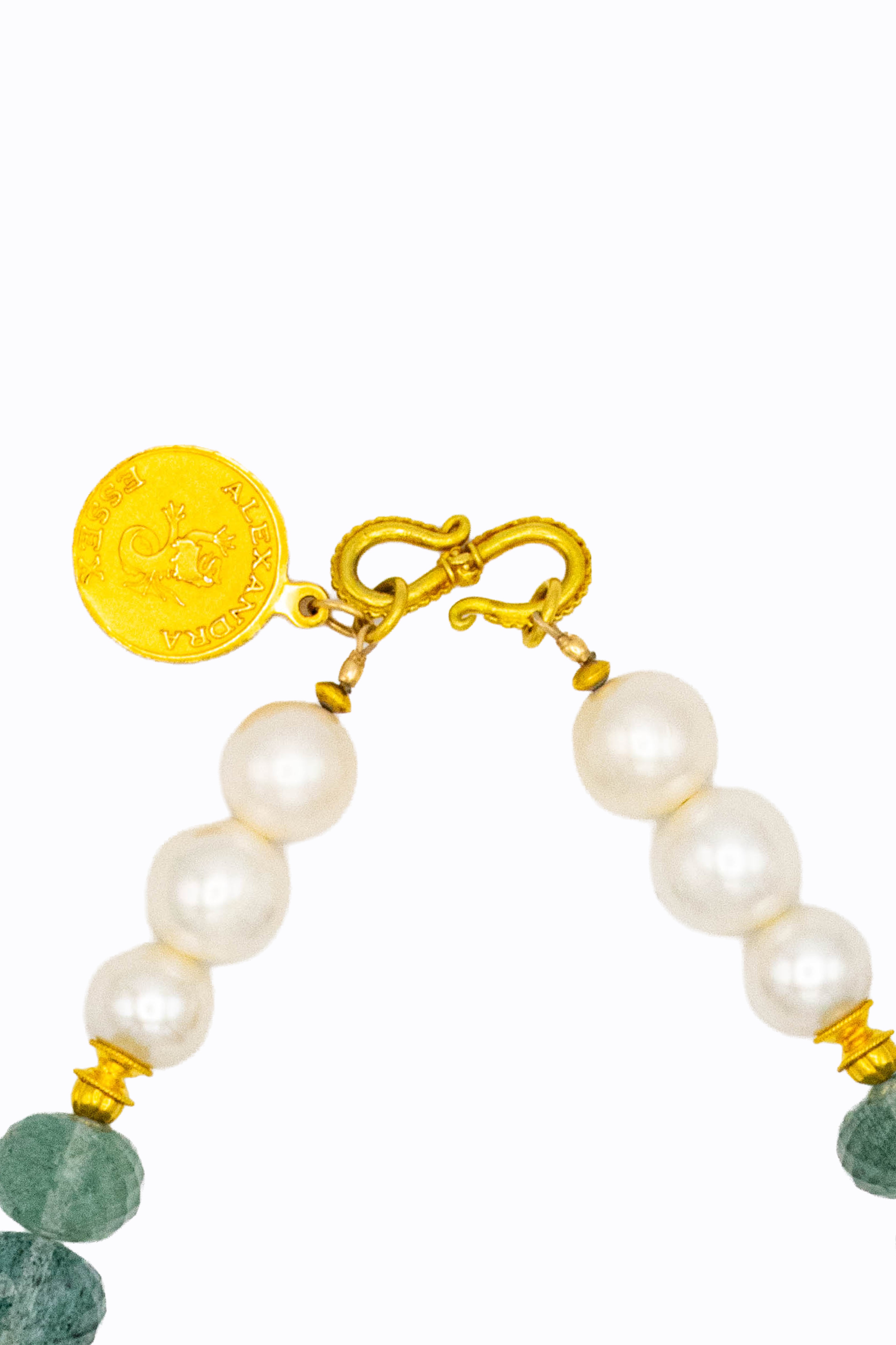 Kookaburra 18k gold aquamarine pearl necklace — alternate angle — Alexandra Essex Exquisite Jewels