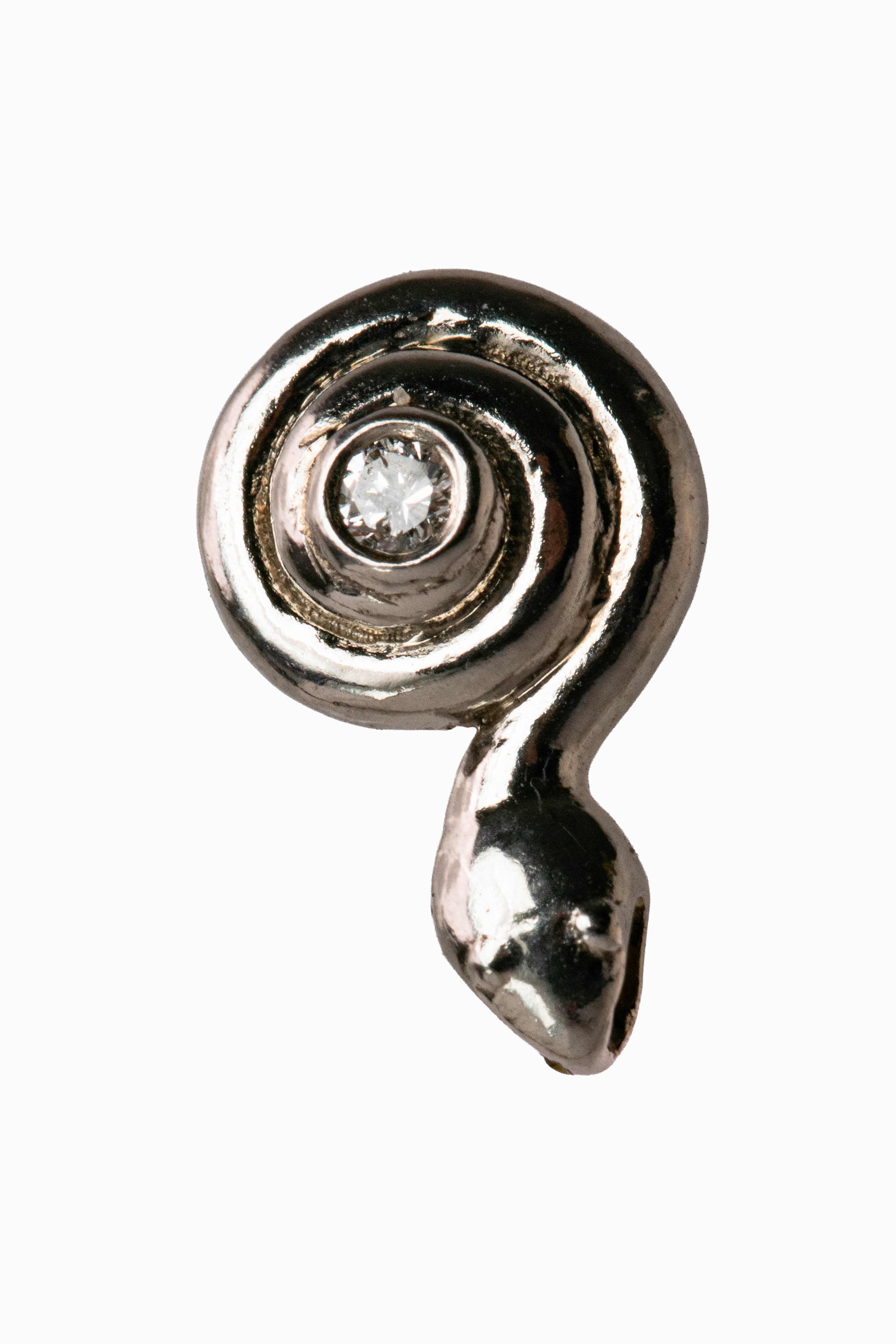 Palladium Snakie stud earring close-up showing coiled snake design and bezel-set diamond by Alexandra Essex
