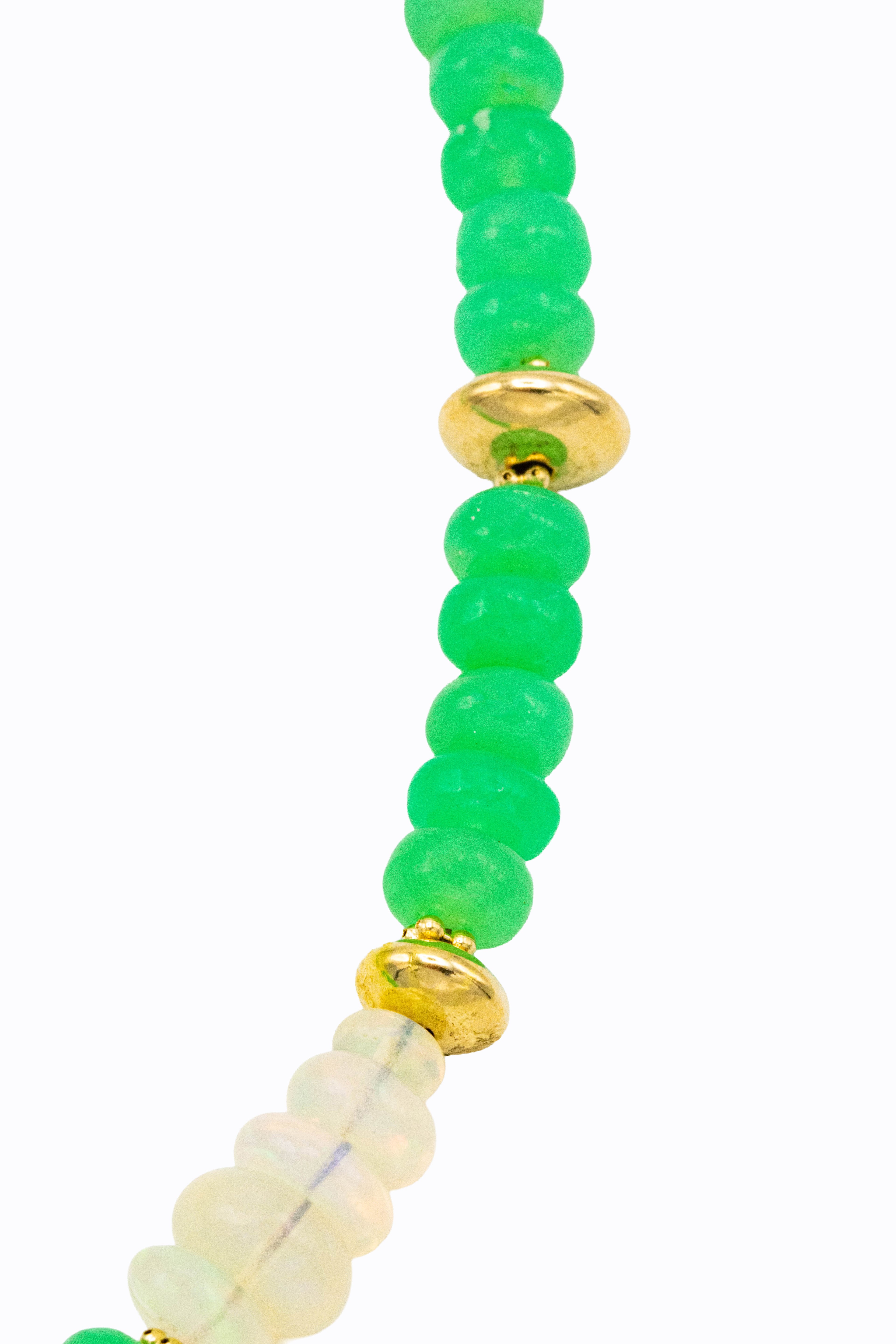 Close-up of Viridi necklace Australian chrysoprase green rondelles with Ethiopian opal beads and 14k gold ball accents by Alexandra Essex