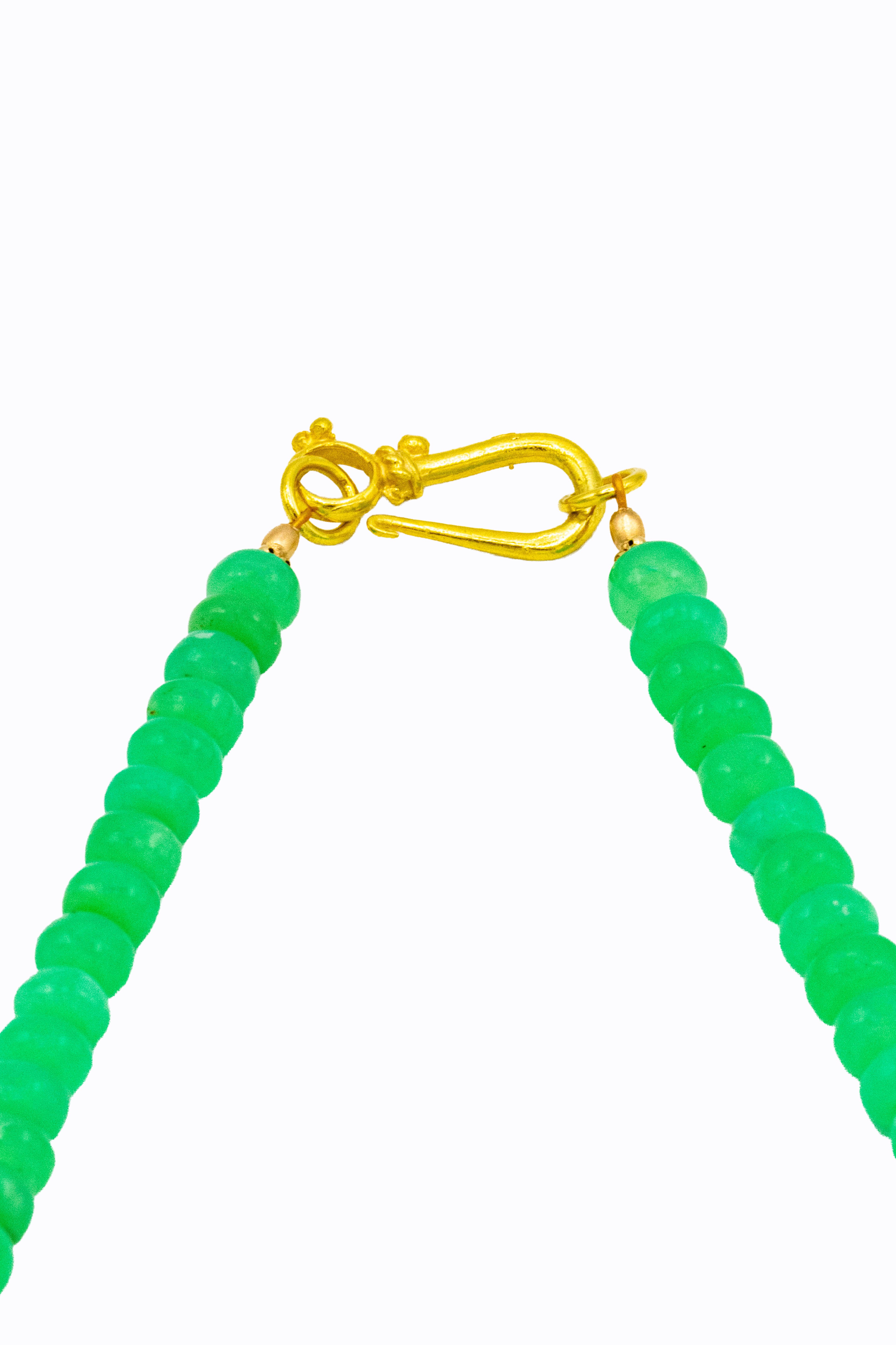 Detail of Viridi necklace 14k yellow gold toggle clasp with Australian chrysoprase green rondelles by Alexandra Essex